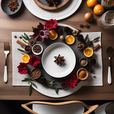 Festive table setting with empty plates and cutlery on wooden tableの素材