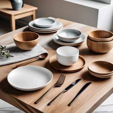 Set of wooden tableware on wooden board in modern kitchen interior, closeup. Generative AIの素材