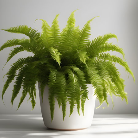 Fern plant in white pot on grey background. 3d renderの素材