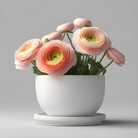 Beautiful ranunculus flowers in vase isolated on grey background. Generative AIの素材