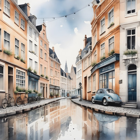 Minimal art with soft colors about In Center of the Road, Maastricht, Netherlands. , Reflecting from wet, generative aiの素材