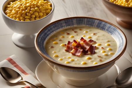 bowl of Corn Chowder, perfectly seasoned and garnished with crispy bacon bits. ai generativeの素材