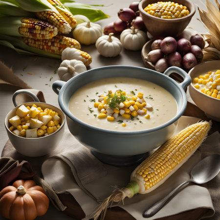 signature Corn Chowder, a velvety blend of sweet corn, potatoes, and savory herbs. ai generativeの素材