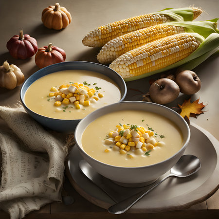 signature Corn Chowder, a velvety blend of sweet corn, potatoes, and savory herbs. ai generativeの素材
