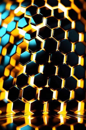 abstract black hexagon pattern on gold neon background technology style. ai generativeの素材