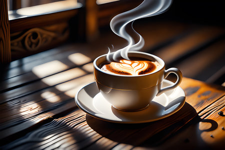 a close up of a cup of steaming coffee on a rustic wooden table. ai generativeの素材