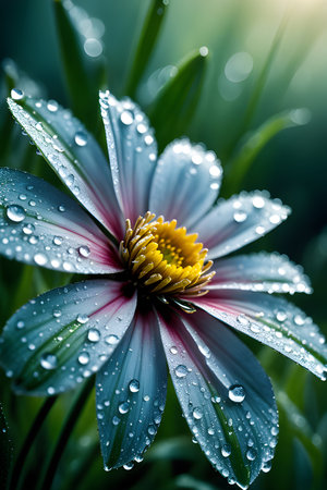 A macro shot of a dew-covered flower in early morning light. ai generativeの素材