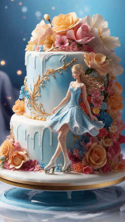 Create a cake for a girl with a female model figure, an ice skating dancer. Ai generativeの素材