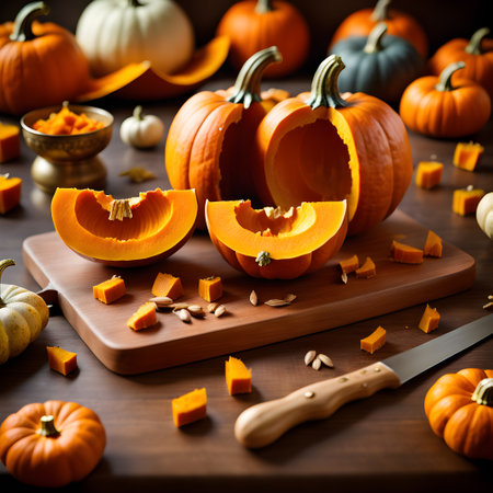 Chopped raw pumpkin put on wooden cutting board. Ai generativeの素材