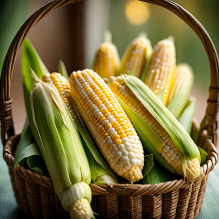 Delicious bright yellow corn, freshly cut from the garden. Placed in a decorative basket. Ai generativeの素材