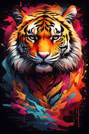 A formidable tiger, ferocious in its eyes., The background is painted with artistic, T-Shirt Art. Ai generativeの素材
