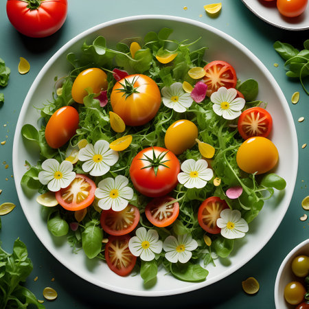 a vibrant salad composed of fresh greens, heirloom tomatoes, edible petals, and a drizzle of herb-infused vinaigrette, Ai generativeの素材