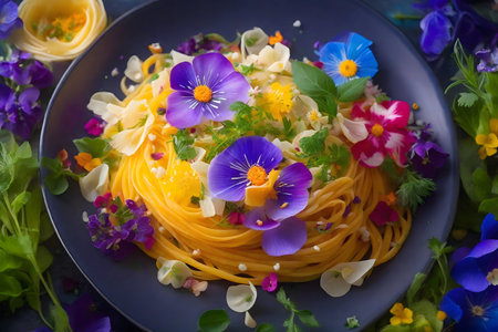 a plate of artisanal pasta adorned with vibrant edible flowers, fresh herbs. Ai generativeの素材