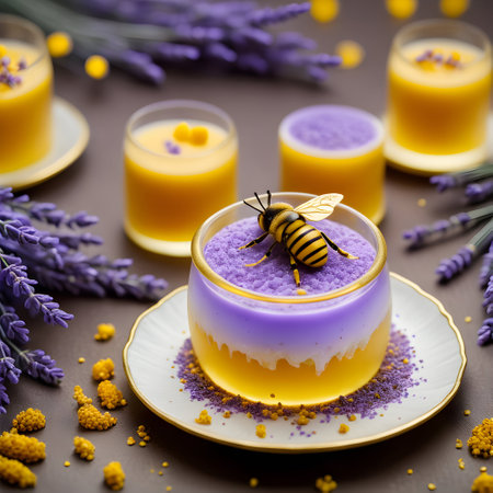 a frozen honey and lavender parfait, garnished with a sprinkle of golden bee pollen. Ai generativeの素材