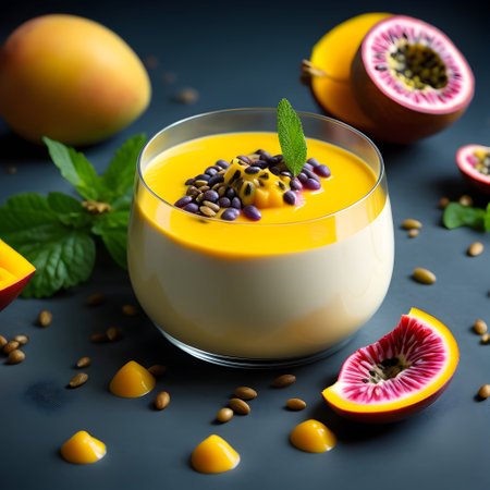 a silky mango and coconut panna cotta adorned with vibrant passion fruit seeds and a sprig of fresh mint. Ai generativeの素材