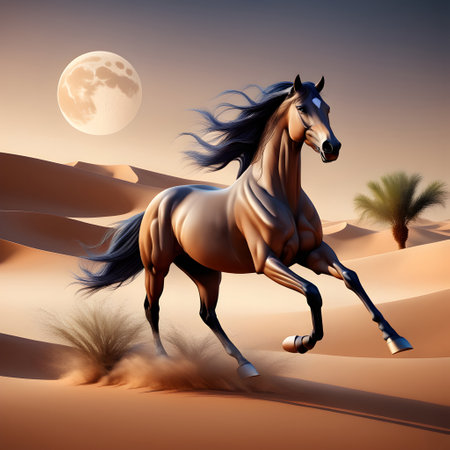 3d render style, A majestic horse is running, amidst the evening desert. ai generativeの素材