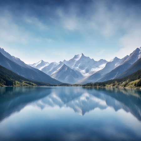 A serene winter landscape with snow-capped mountains reflecting in a glacial lake.の素材
