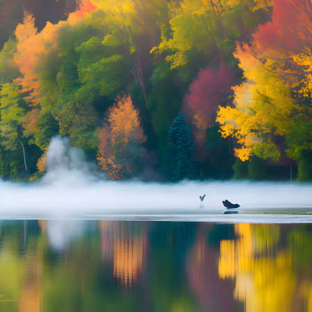 crisp morning by the lakeside paint a serene lakeside scene where mist rises from the water. ai generativeの素材