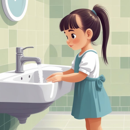 A little girl was washing hands , children's book illustration style. ai generativeの素材
