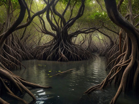 the mystical world of mangrove forests, where twisted roots create a labyrinth amid brackish waters. ai generativeの素材