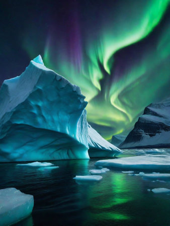 icebergs float in frigid waters under the dancing Northern Lights. ai generativeの素材