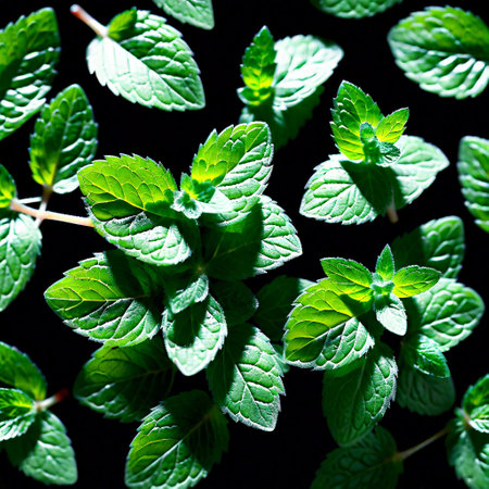 Fresh mint leaves isolated on black background. ai generativeの素材