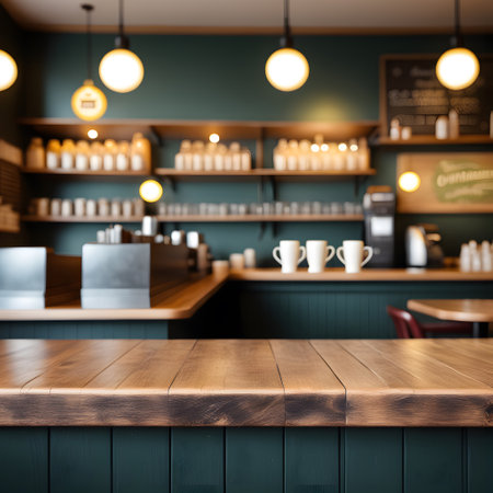 wood counter top on blur of cafe. ai generativeの素材
