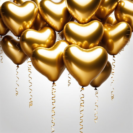 gold balloons in heart shape isolated on white background. ai generativeの素材