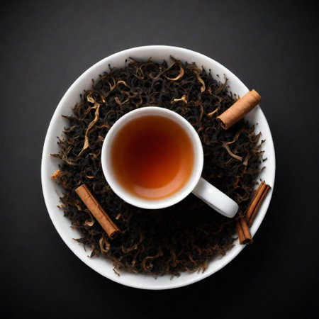 photo topview of a cup hot tea isolated on dark background. ai generativeの素材