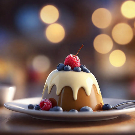 Close up of a Pudding, foreground sharp with bokeh background. ai generativeの素材
