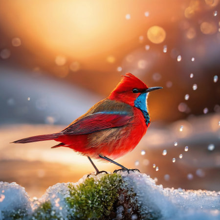 red riverbird. in a happy face On the top of a cold mountain. ai generativeの素材