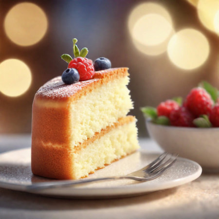Close up of a sponge cake, foreground sharp with bokeh background. ai generativeの素材