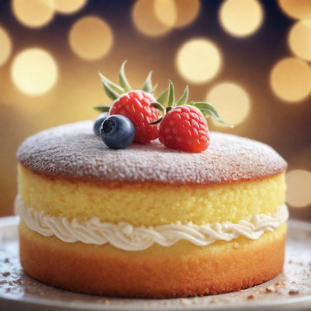 Close up of a sponge cake, foreground sharp with bokeh background. ai generativeの素材