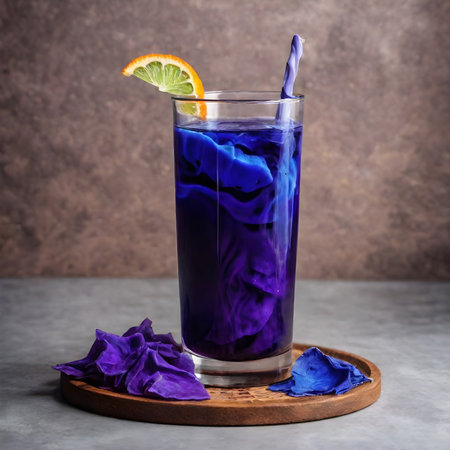 An enchanted elixir that changes colors as you drink it. The secret ingredient could be butterfly pea flower extract. ai generativeの素材