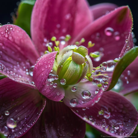 hellebore and dew drops, photography, close up. ai generativeの素材