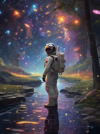 An astronaut is standing and warming himself by a fire on a planetary lake. ai generativeの素材