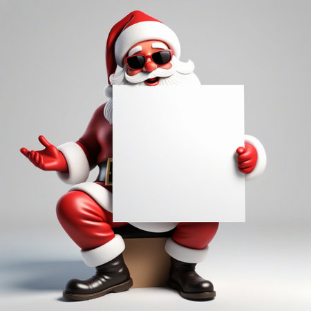 a cartoon santa claus holding a blank sign,  sitting, background is white and blank. ai generativeの素材