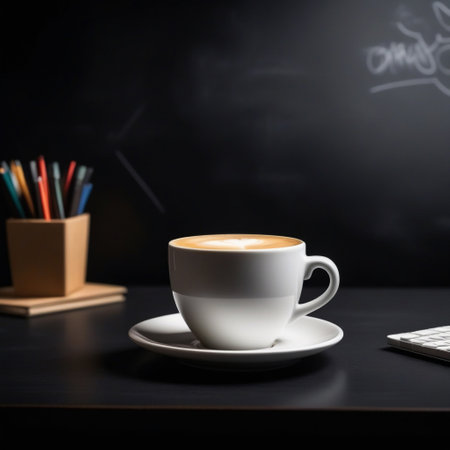 a cup of coffee next to a notebook office background. ai generativeの素材