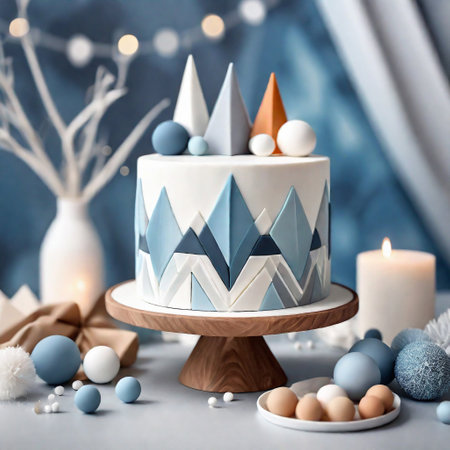 A cake adorned with edible fondant or marzipan ornaments in a modern Scandinavian design. Think geometric shapes, clean lines, and a color palette of whites, greys, and soft blues. ai generativeの素材