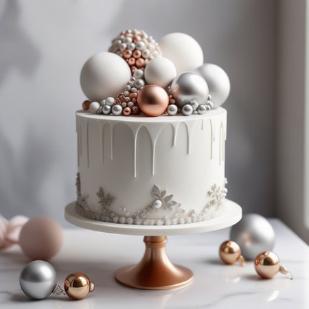 A white or pale colored cake adorned with minimalist metallic baubles. Opt for silver, gold, or rose gold. ai generativeの素材