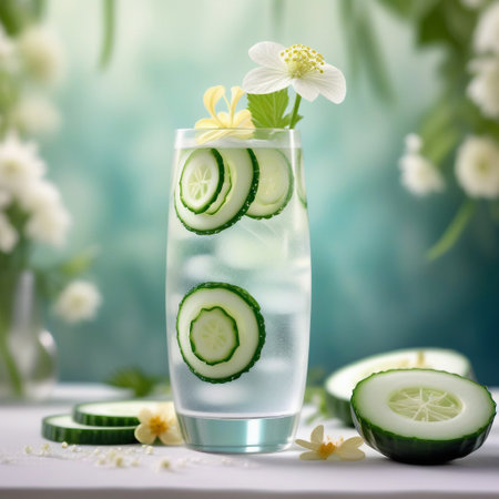 A refreshing blend of elderflower liqueur, cucumber-infused gin, and sparkling water. Garnished with cucumber ribbons and edible flowers for a light and floral touch. ai generativeの素材