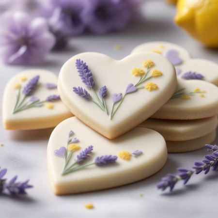 Heart-shaped shortbread cookies infused with subtle notes of lemon and lavender. Decorate with a light glaze or a sprinkle of edible dried flowers for an elegant touch. ai generativeの素材