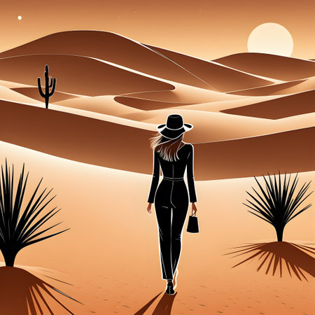 Illustration, full body vector graphics line drawings about a beautiful women walks amidst the evening desert. ai generativeの素材