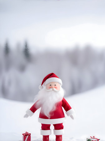 Santa Claus doll with gifts on the snowy mountain. ai generativeの素材