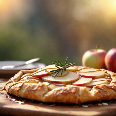Dessert, Apple rosemary galette with honey drizzle. ai generativeの素材