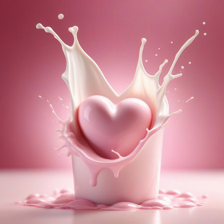 a pink heart splashing out of a cup of milk, milk dripping, soft 3d render for Valentines day. ai generativeの素材