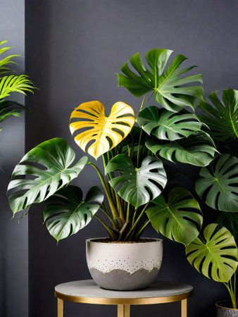 Close-up monstera Albo half Moon in a modern luxury pot. ai generativeの素材