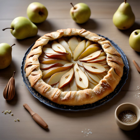 a rustic pear galette with a fragrant cardamom infused filling nestled. ai generativeの素材