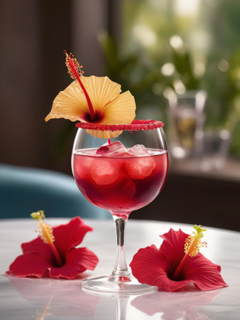 A sophisticated cocktail with hibiscus-infused tequila, triple sec, and a mix of citrus juices. Garnish with an edible hibiscus flower. ai generativeの素材
