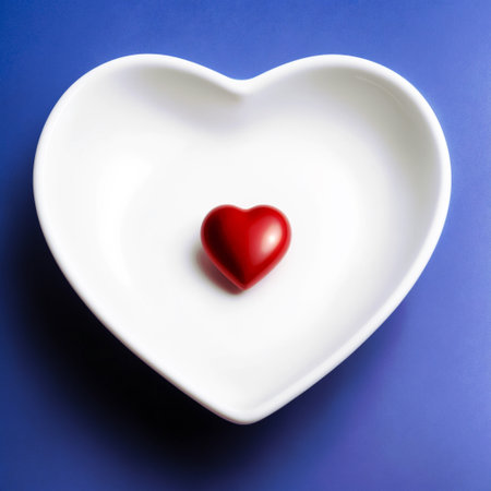 A white heart-shaped plate sits empty on a surface. ai generativeの素材